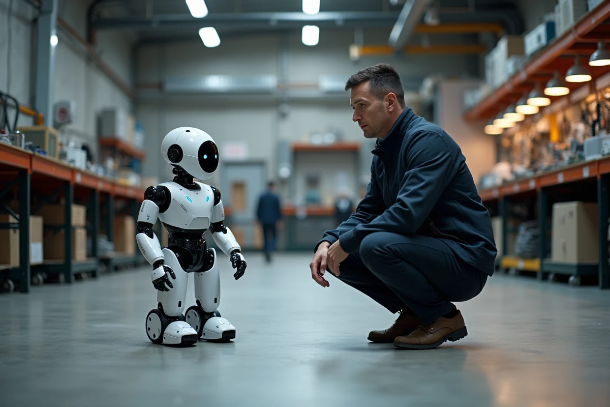 Ingénieur examinant un robot humanoïde prototype dans un laboratoire d'innovation technologique
