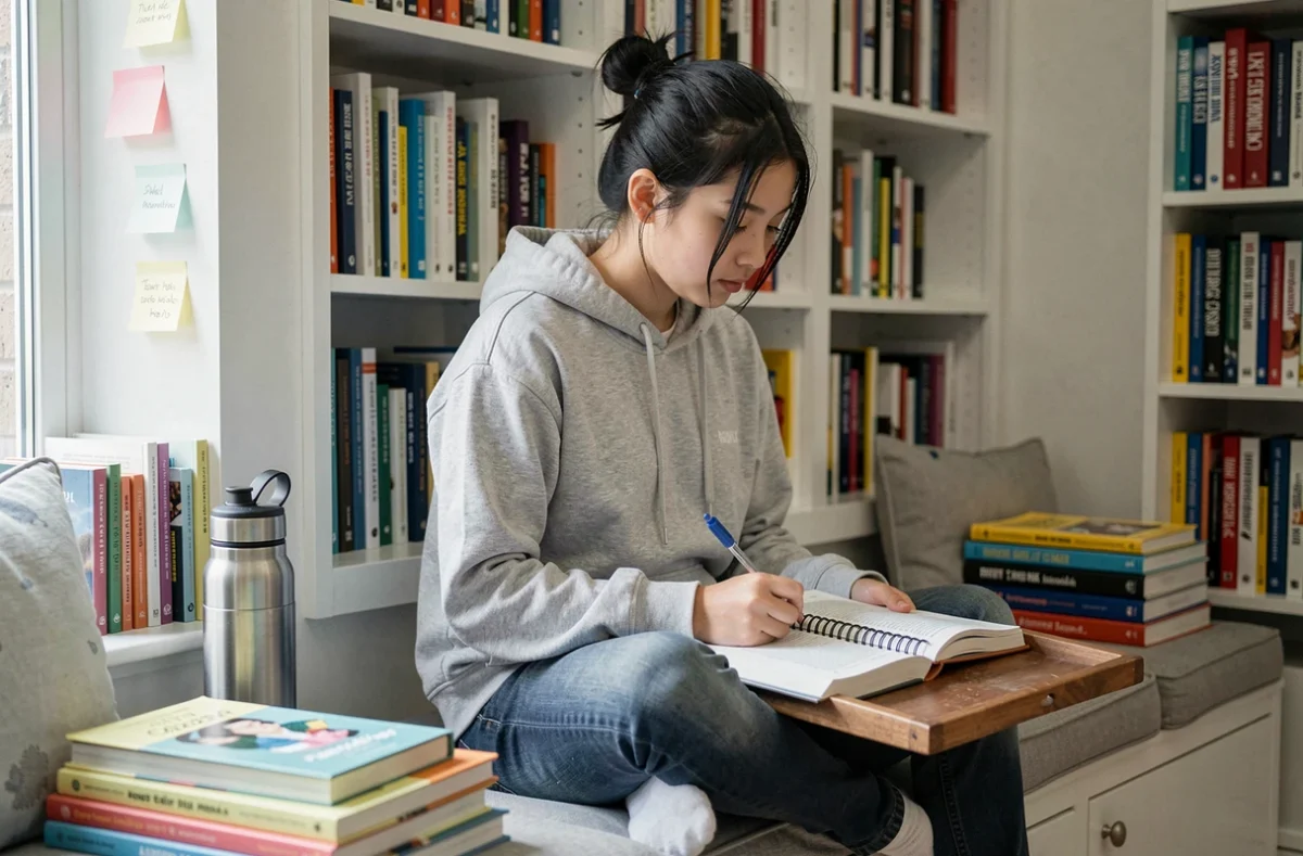Adolescente étudiant seule dans une bibliothèque familiale avec des manuels et des cahiers dans le cadre de l'instruction en famille
