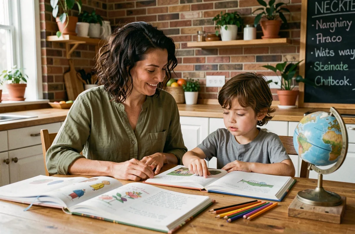 Mère pratiquant l'instruction en famille avec sa fille autour d'une table en bois couverte de livres et de cahiers dans une cuisine chaleureuse
