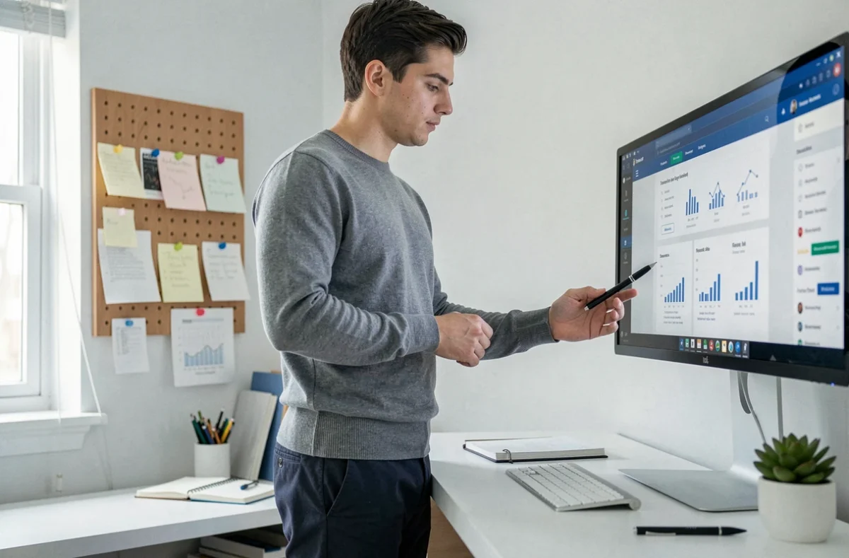Jeune entrepreneur consultant des ressources business en ligne depuis son bureau à domicile
