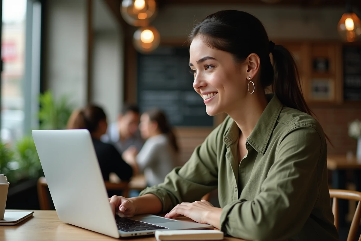 Jeune femme entrepreneur travaillant sur son ordinateur portable dans un café urbain tendance