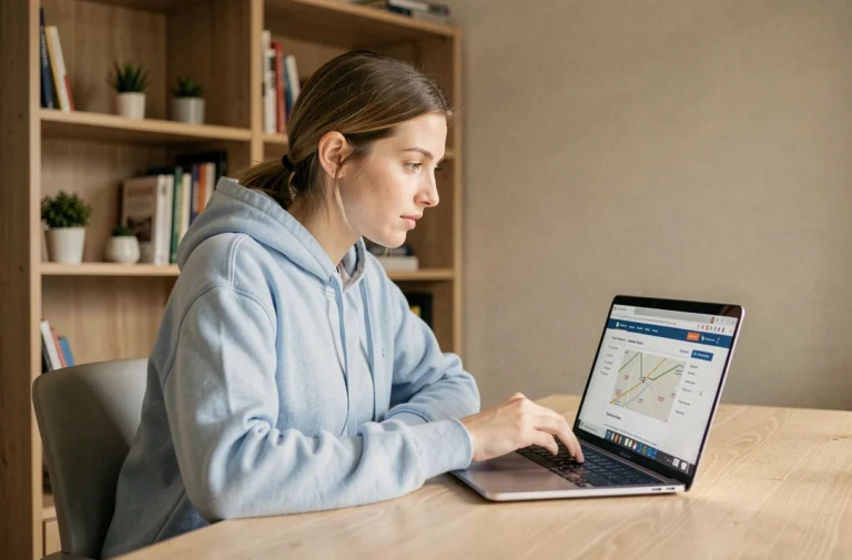 Jeune femme naviguant sur le plan du site Coolgame depuis son bureau à domicile