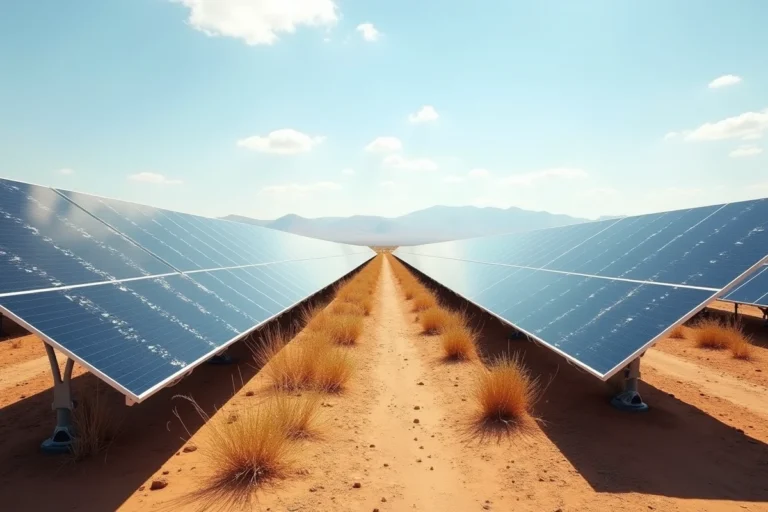 Vaste parc solaire photovoltaïque s'étendant dans un paysage aride avec des rangées de panneaux solaires alignés sous un ciel bleu, illustrant les énergies renouvelables propres
