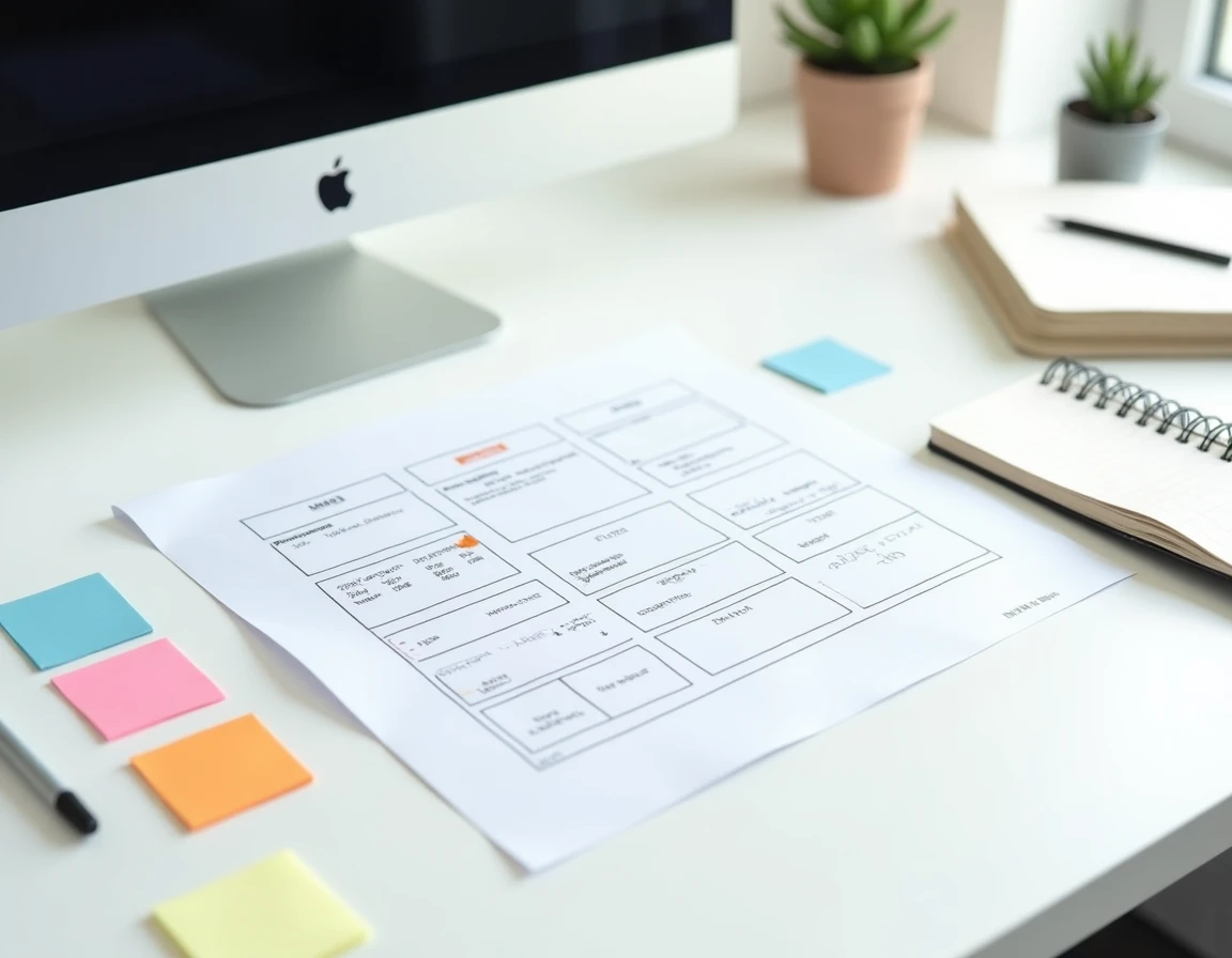 Plan du site Excargot imprimé posé sur un bureau avec des notes et des post-it pour faciliter la navigation