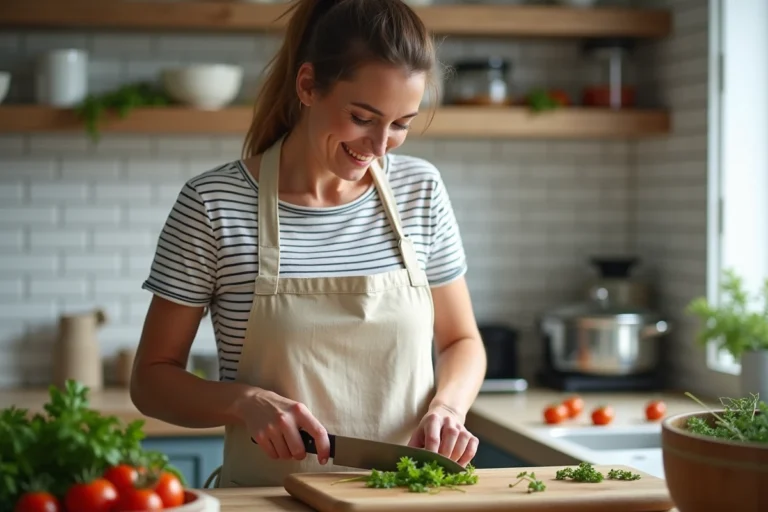 Femme en tablier de lin préparant des légumes frais sur une planche en bois dans une cuisine maison authentique