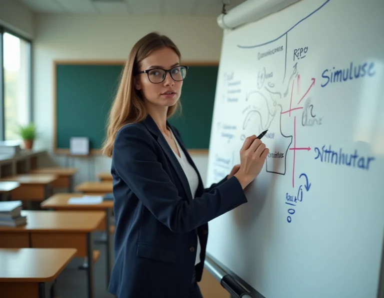 Professeure universitaire écrivant des schémas comportementalistes au tableau blanc dans une salle de cours académique