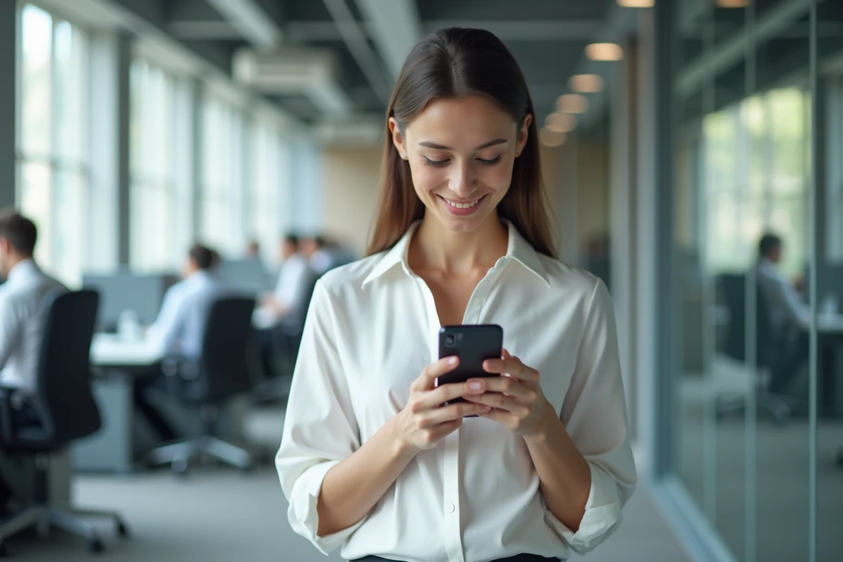 Jeune professionnelle consultant ses messages vocaux Free en milieu de travail