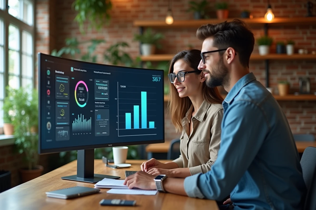 Deux jeunes professionnels analysant des données sur un grand écran OLED dans un espace de coworking