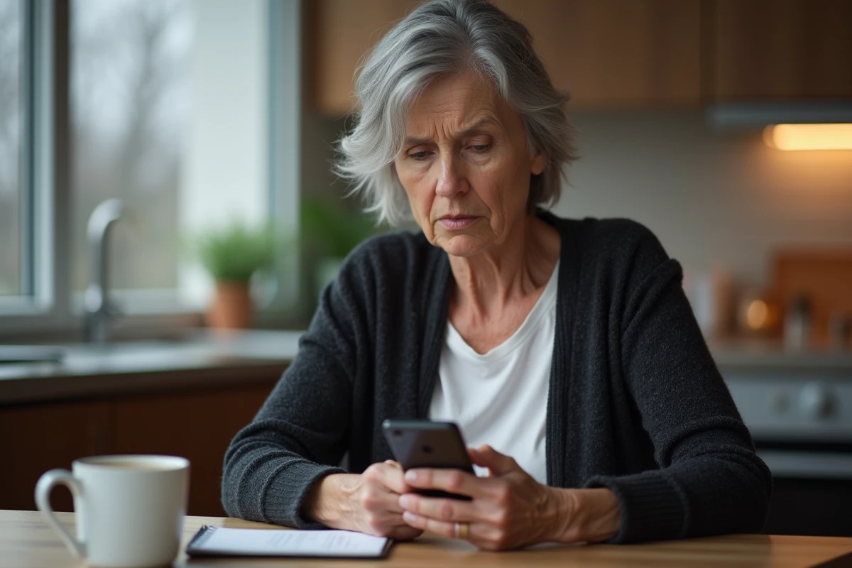 Femme cherchant des recours sur son téléphone après un refus d'arrêt de travail par son médecin