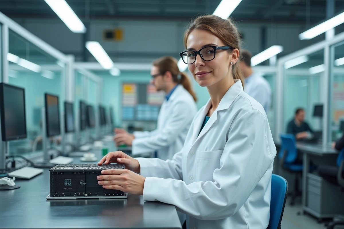 Scientifique en blouse blanche analysant un prototype de pile à combustible à hydrogène vert dans un laboratoire de recherche sur les énergies durables et propres