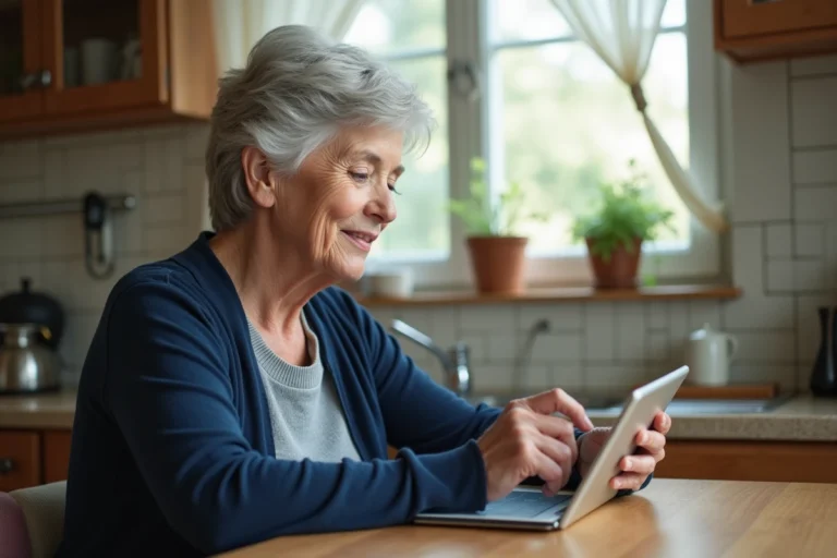 Une femme senior utilisant une tablette numérique pour accéder à des services en ligne depuis sa cuisine