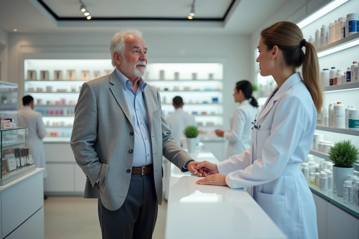 Un homme âgé en consultation avec une pharmacienne pour obtenir des conseils sur ses médicaments et services de santé