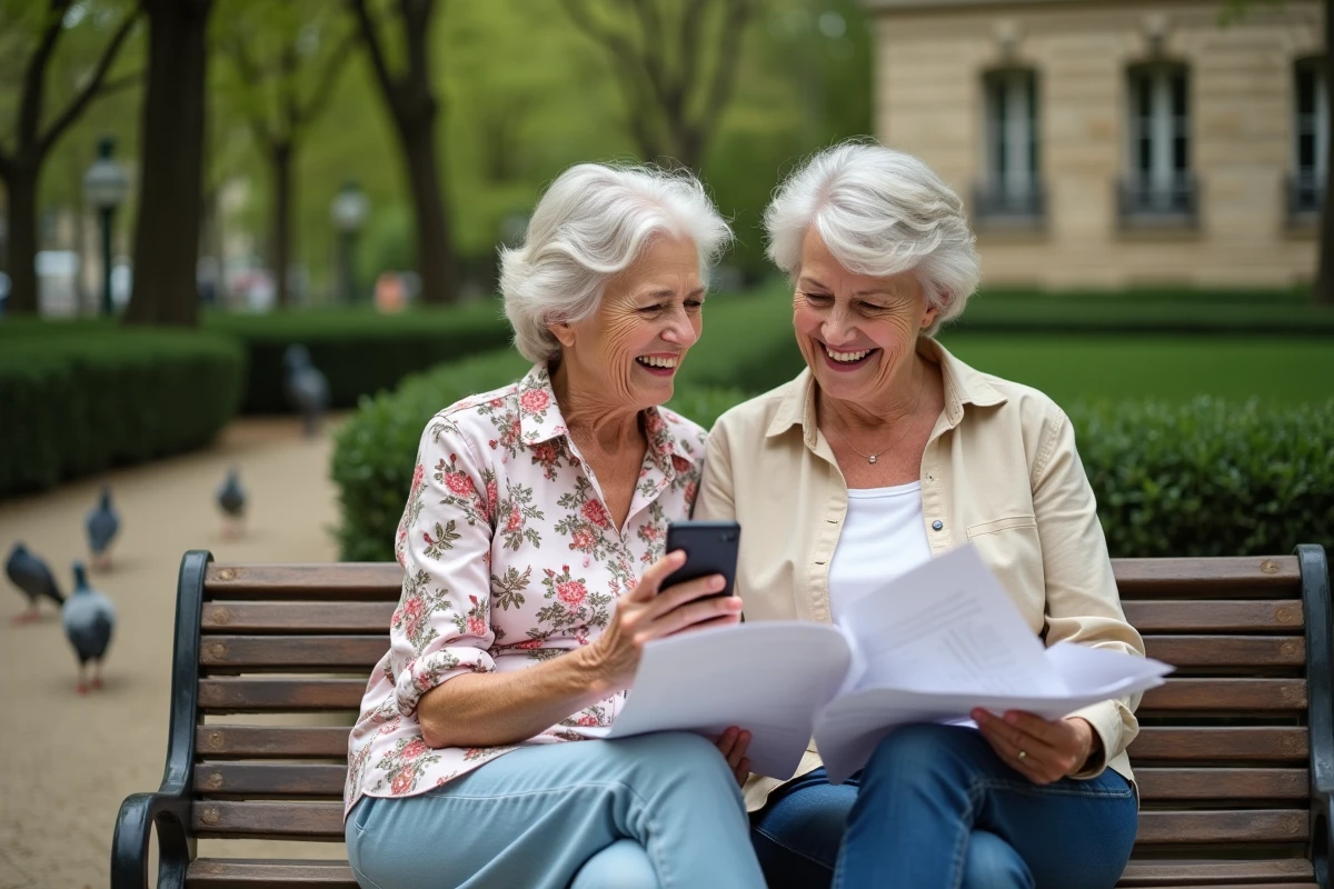 Deux femmes seniors échangeant des informations sur les services et aides disponibles pour les personnes âgées dans un parc