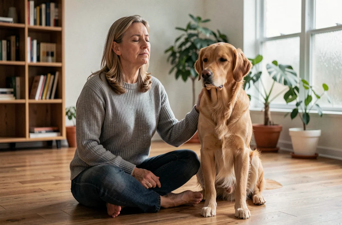 Femme méditant aux côtés d'un chien golden retriever, symbolisant la connexion spirituelle entre l'humain et l'animal dans un rêve