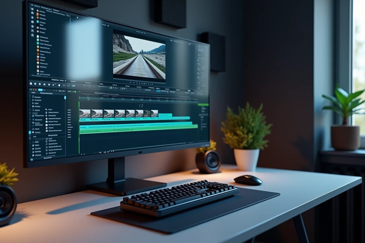 Station de travail informatique avec logiciel de sous-titres affiché sur écran pour synchronisation vidéo