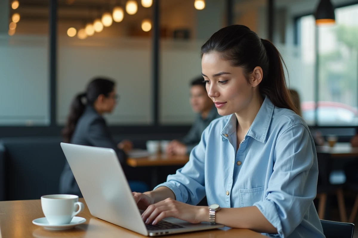 Femme synchronisant des sous-titres de vidéos sur son MacBook dans un café avec Downsub