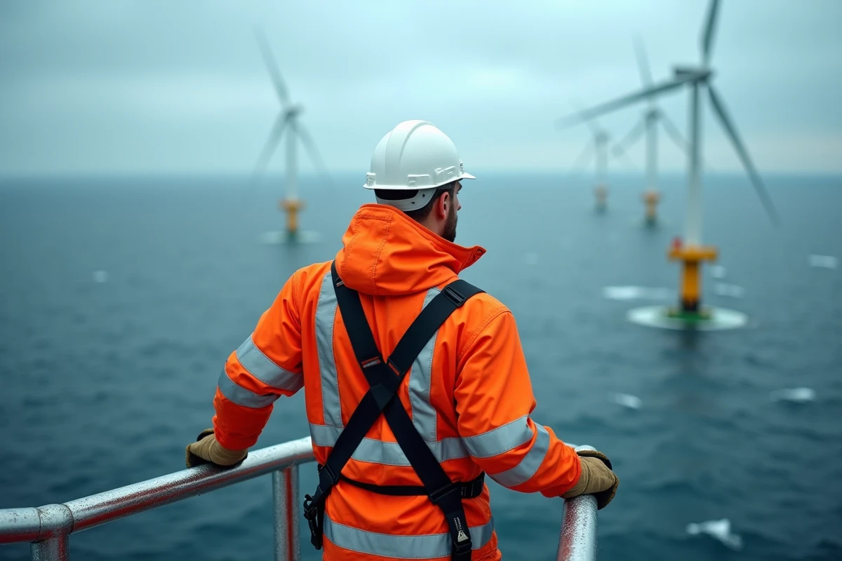 Technicien en énergie éolienne équipé d'un harnais de sécurité sur une plateforme d'éolienne offshore en mer, symbolisant les métiers et les infrastructures des énergies propres durables
