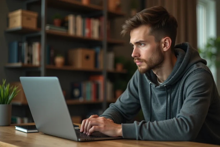 Homme utilisant un ordinateur portable pour télécharger des sous-titres avec Downsub sur son bureau à domicile